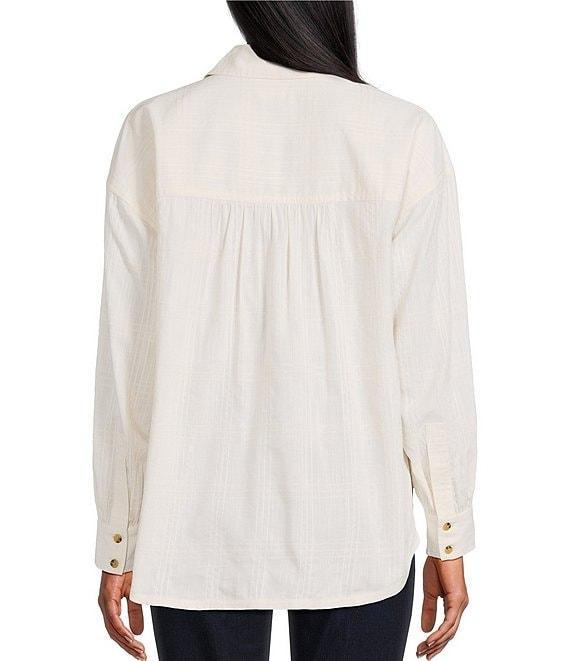 Westbound Petite Size Woven Plaid Collared Oversized Long Sleeve Top Product Image