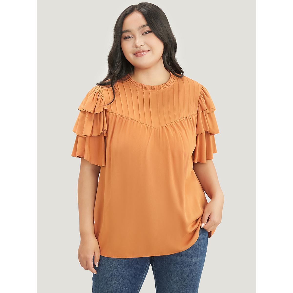 Plus Size Rust Solid Pleated Keyhole Ruffle Tiered Sleeve Frill Trim Blouse Women Elegant Short sleeve Round Neck Dailywear Blouses BloomChic 12/L Product Image