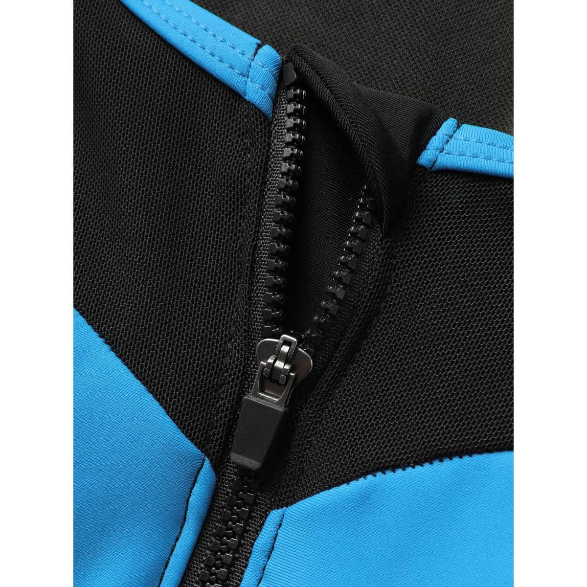 Plus Size Contrast Patchwork Gathered Half Zip Swim Top Women's Swimwear Mediumblue Beach Gathered High stretch Skinny Round Neck Curve Swim Tops BloomChic 22-24/3X Product Image