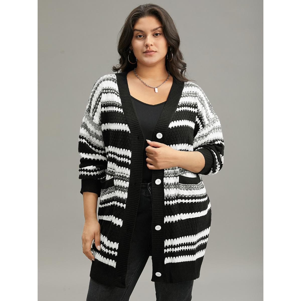 Plus Size Striped Patched Pocket Button Up Cardigan Multicolor Women Casual Loose Long Sleeve Dailywear Cardigans BloomChic 30/6X Product Image