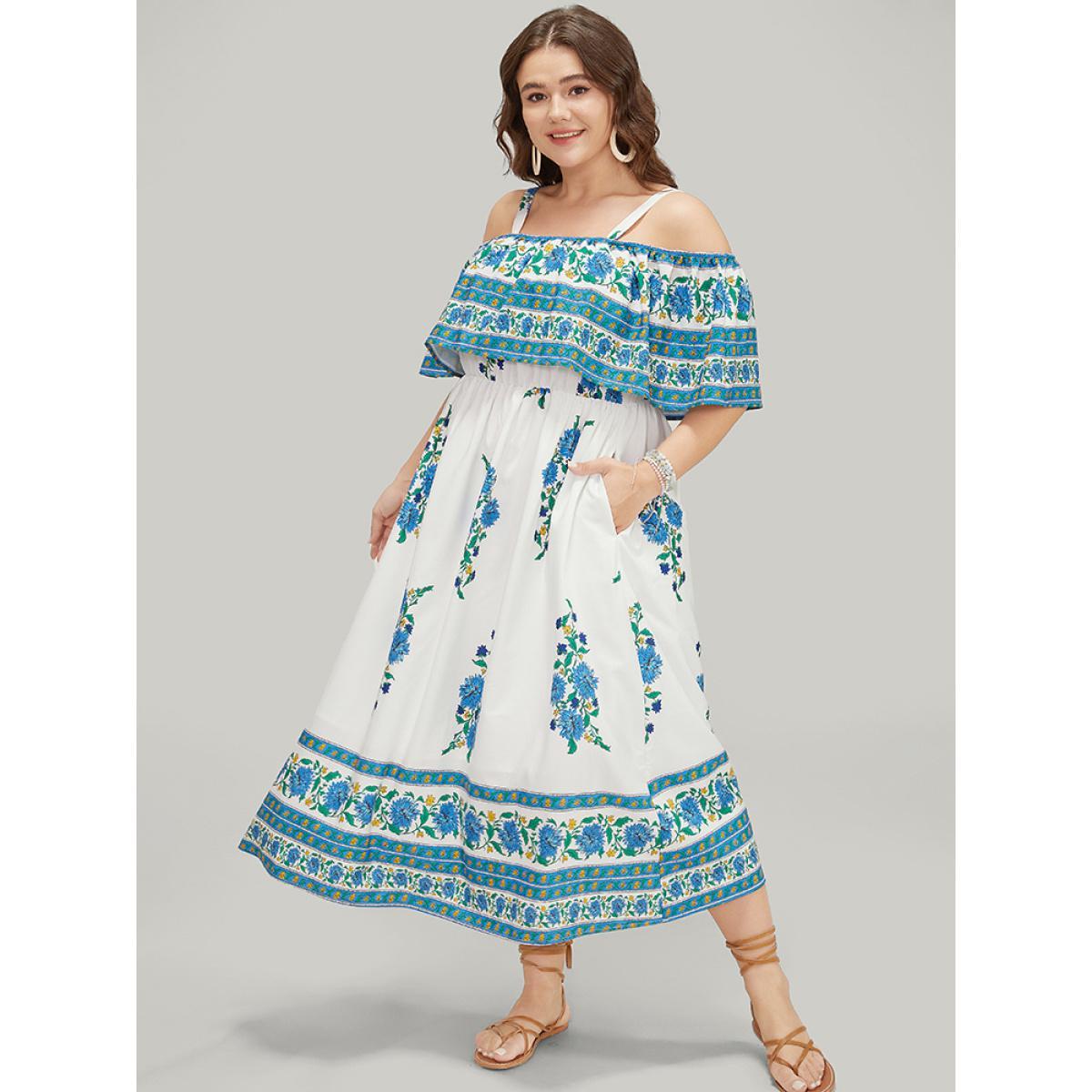 Plus Size Bandana Print Flutter Pocket Cold Shoulder Dress Blue Women Vacation Lined Cold Shoulder Sleeveless Curvy Midi Dress BloomChic 26/4X Product Image