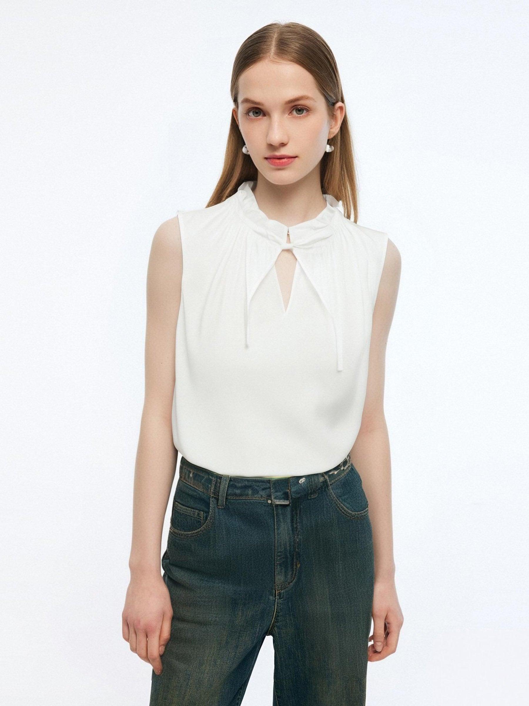 100% Cotton Ruffled Collar Women Sleeveless Blouse Product Image