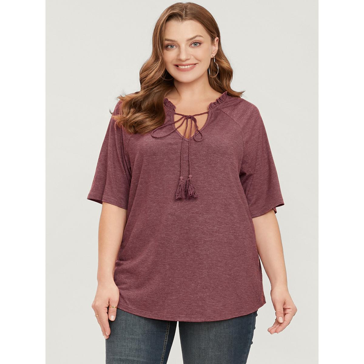Plus Size Plain Ties Up Frill Trim Raglan Sleeve Tee Scarlet Women Casual Ruffles Plain V-neck Dailywear T-shirts BloomChic 14-16/1X Product Image