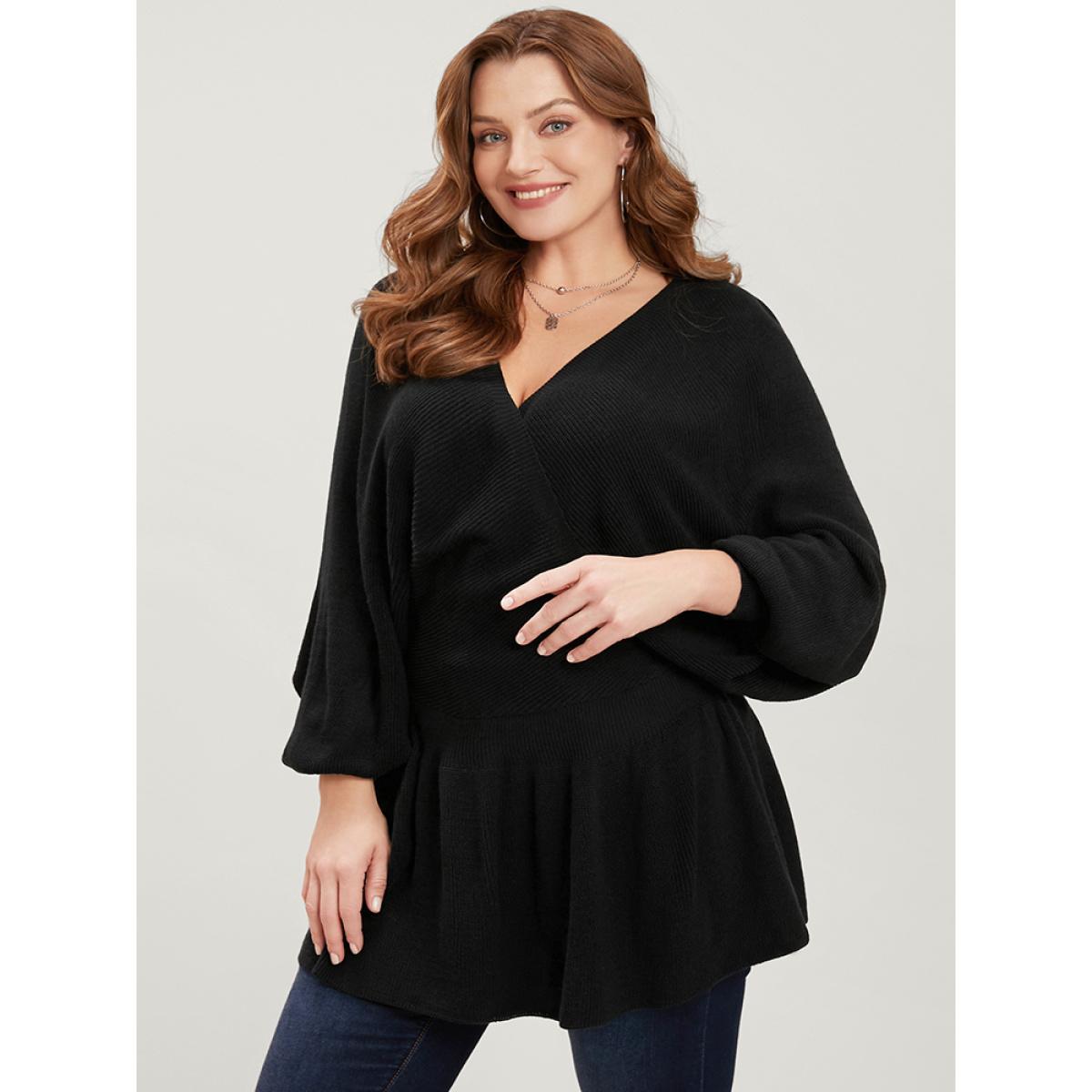Plus Size Solid Super Soft Rib Knit Dolman Sleeve Backless Wrap Knit Top Black Women Casual Loose Long Sleeve Overlap Collar Everyday Pullovers BloomChic 12/L Product Image
