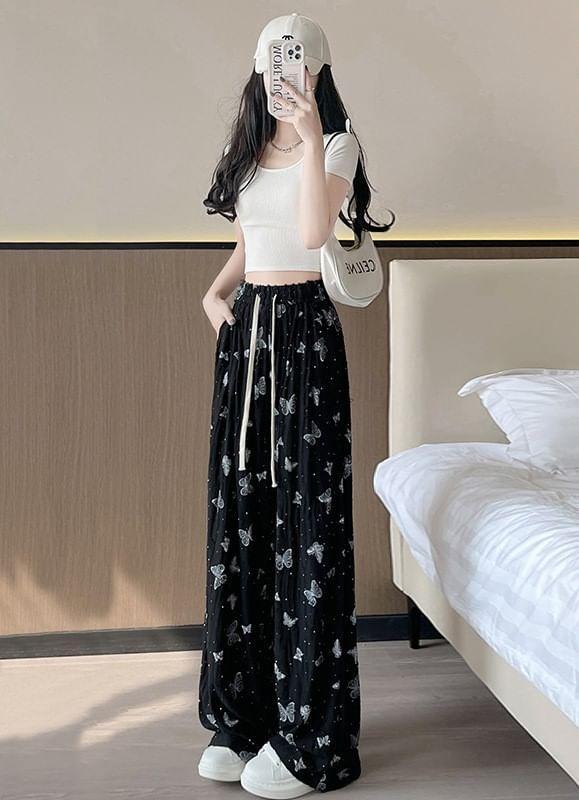 Drawstring Waist Butterfly Print Wide Leg Pants (Various Designs) Product Image