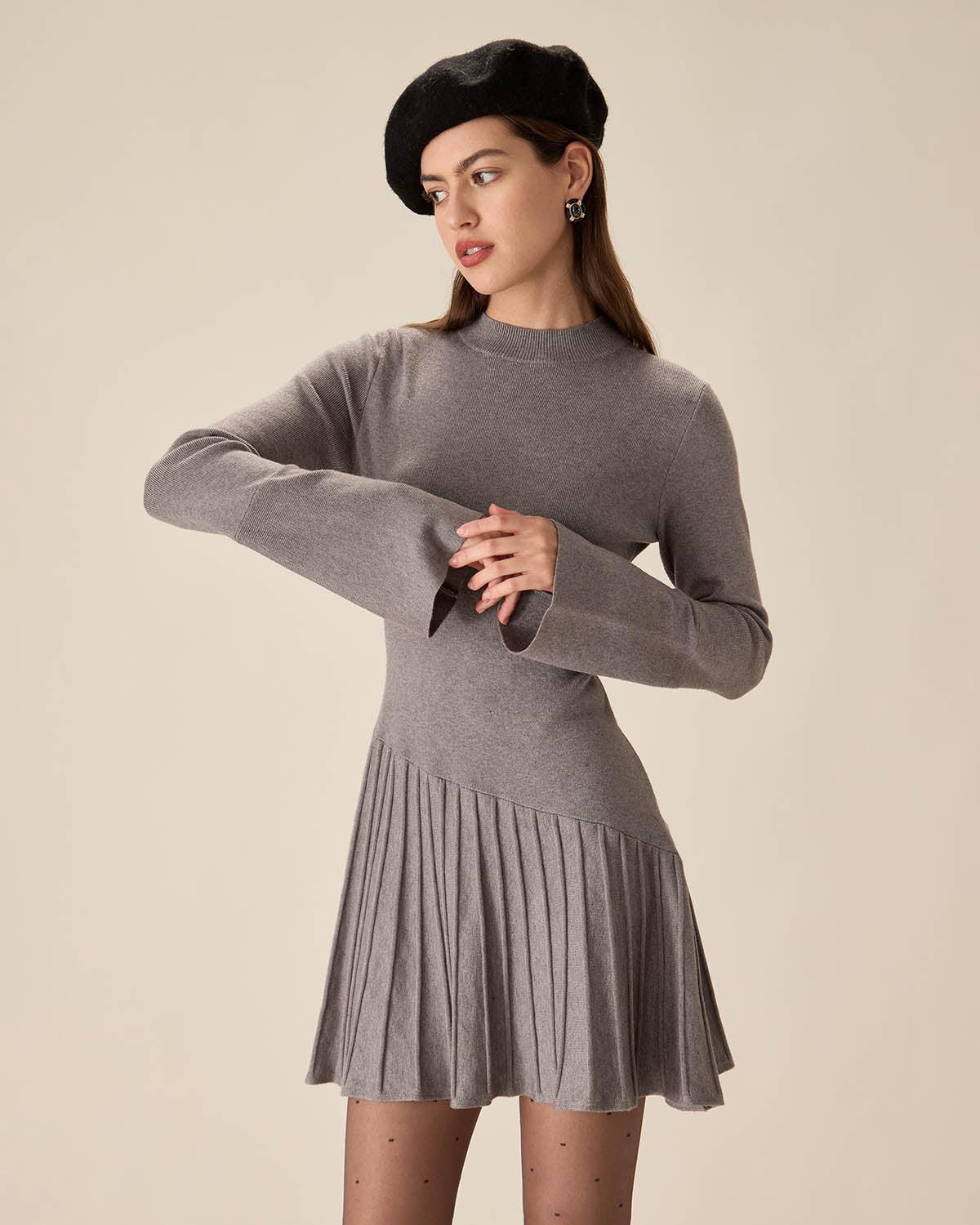 Grey Mock Neck Bell Sleeve Sweater Dress Product Image