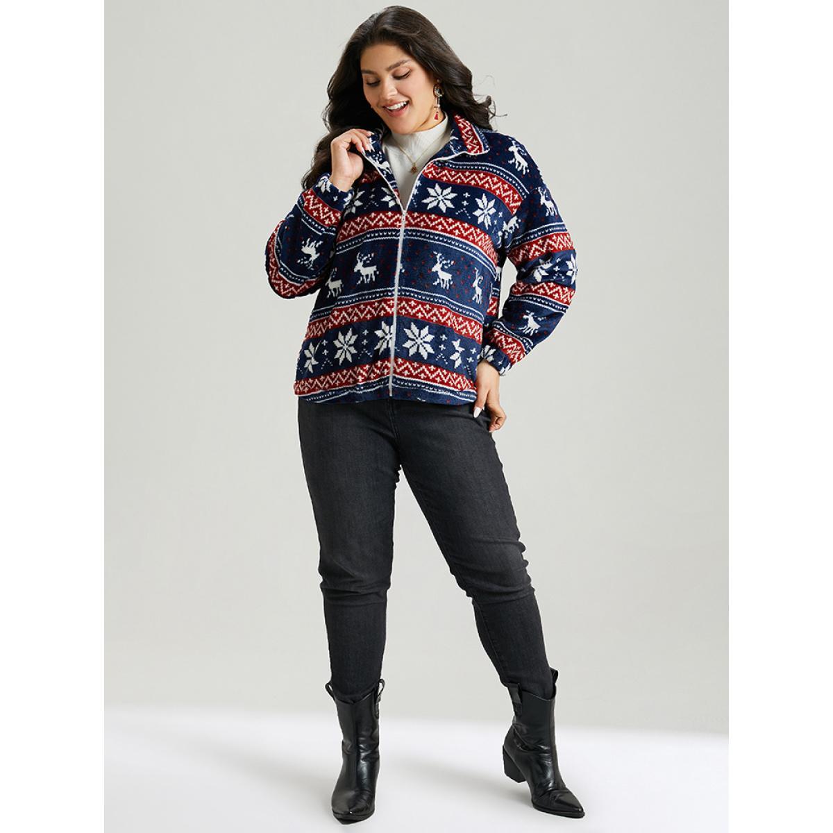 Plus Size Christmas Contrast Zipper Elastic Cuffs Jacket Women Indigo Elastic cuffs Dailywear Jackets BloomChic 28/5X Product Image