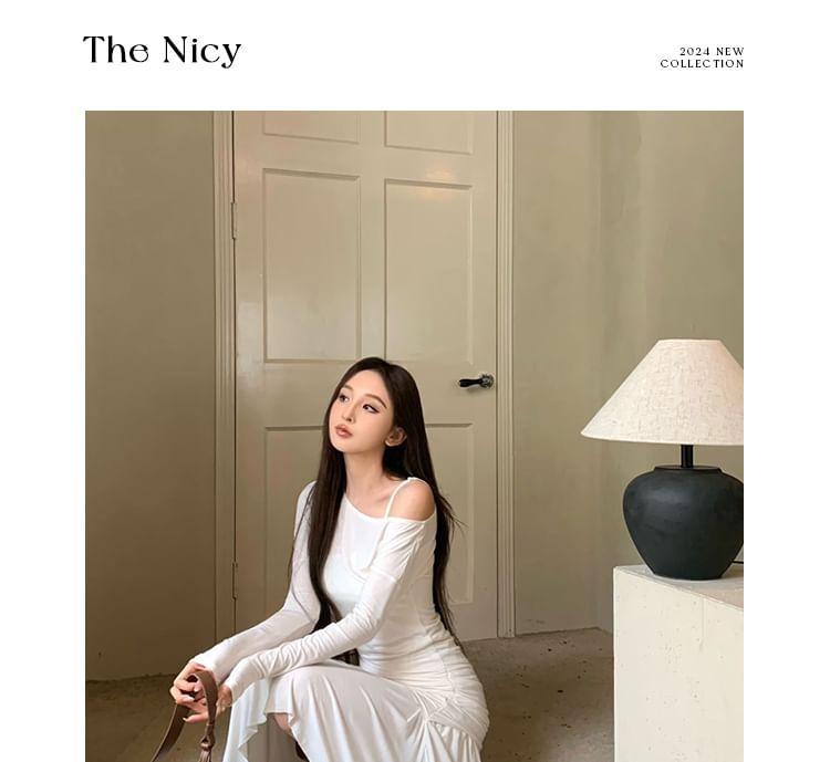 Set: Long-Sleeve Cold Shoulder Plain Ruched Midi A-Line Dress + Slipdress Product Image