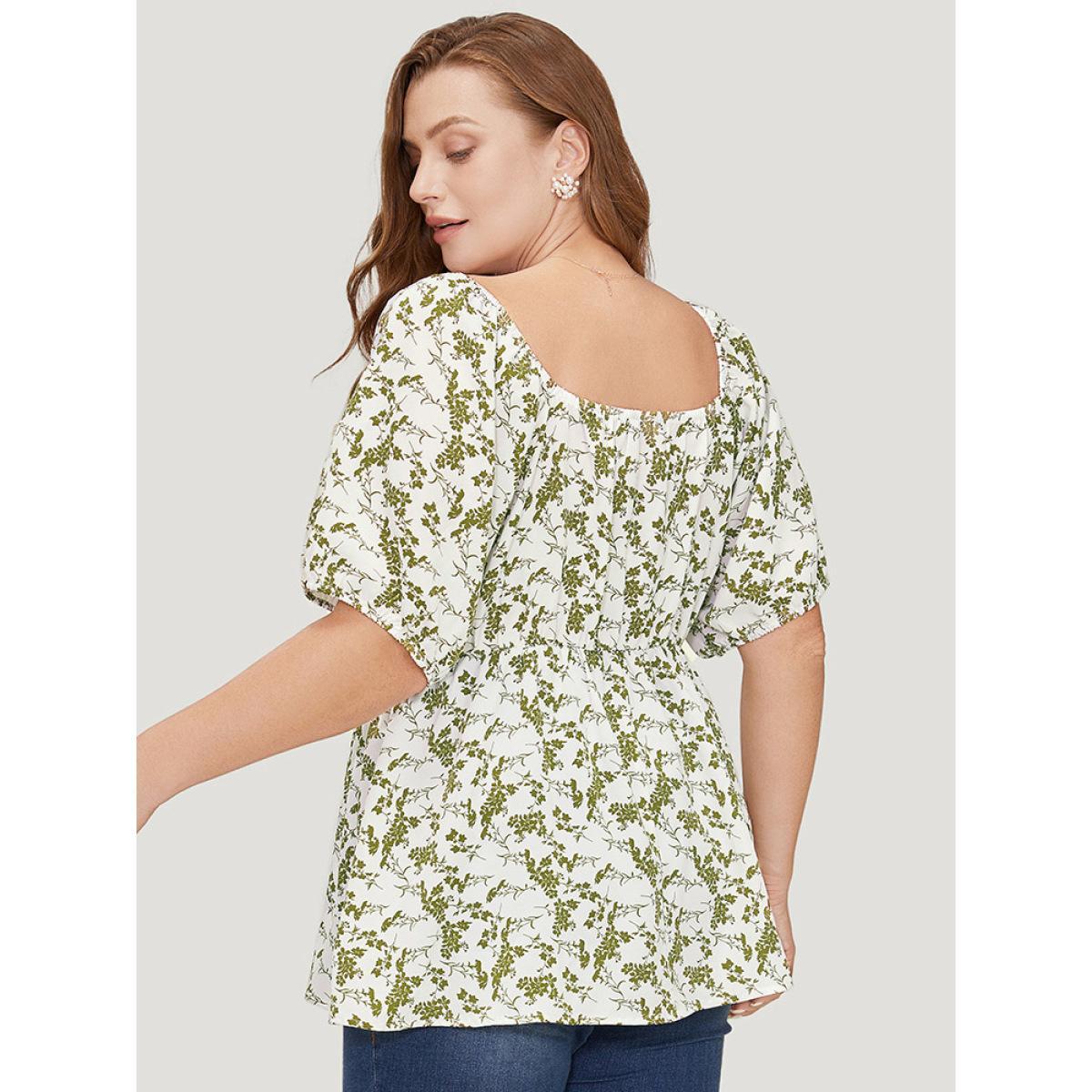 Plus Size Ivory Ditsy Floral Puff Sleeve Ruched Drawstring Blouse Women Elegant Half Sleeve Round Neck Dailywear Blouses BloomChic 18-20/2X Product Image