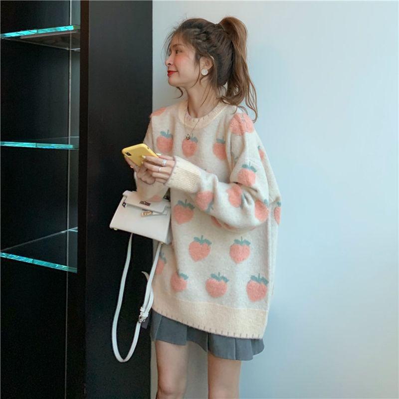 Drop Shoulder Crew Neck Peach Oversized Sweater Product Image