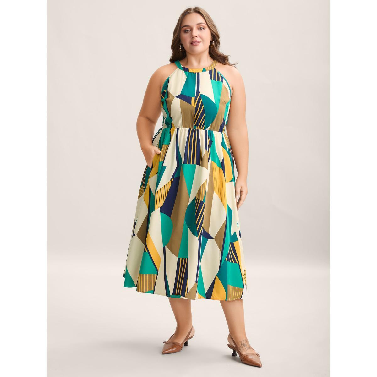 Plus Size Abstract Print Halter Neck Pockets Midi Dress Multicolor Women Elegant Halter neck Sleeveless Curvy BloomChic 14-16/1X Product Image