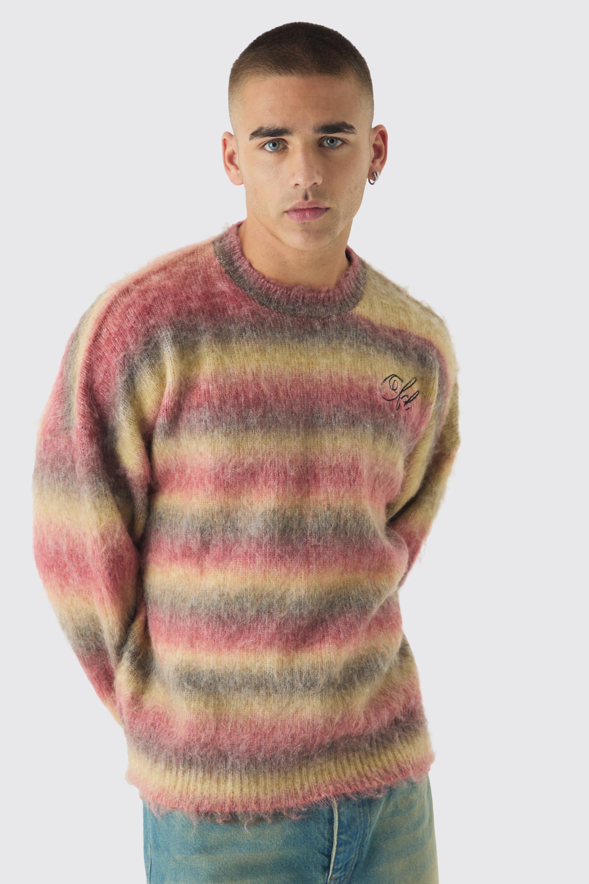 Mens Oversized Boxy OFCL Brushed Ombre Stripe Knitted Embroidered Sweater - Grey Product Image