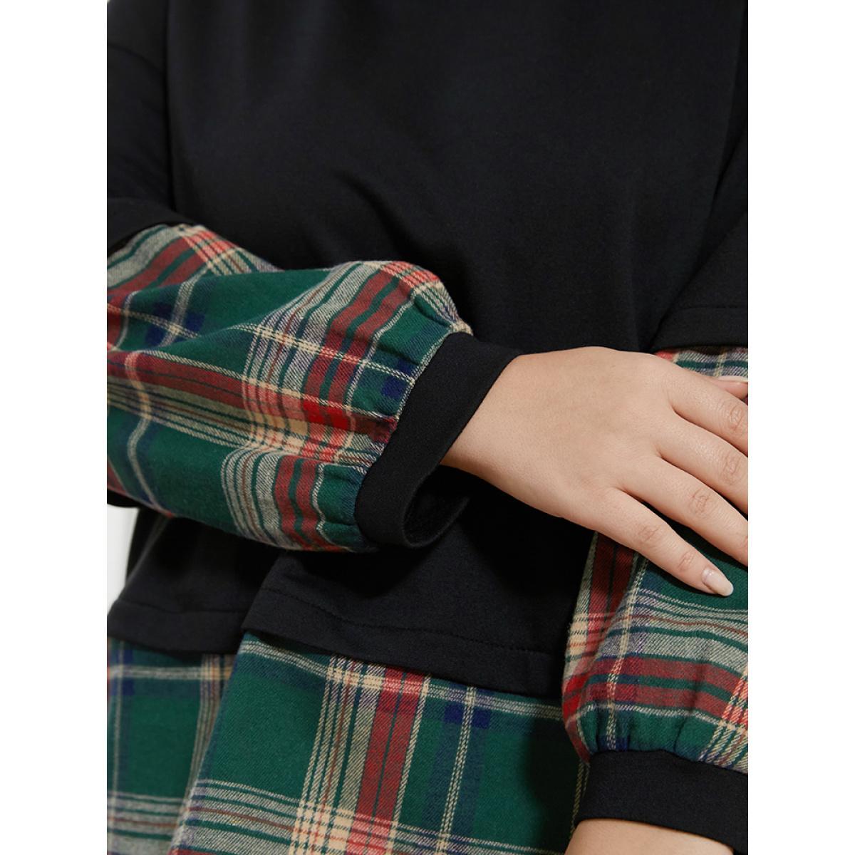 Plus Size Plaid Patchwork Arc Hem Drop Shoulder Sweatshirt Women DarkGreen Elegant Contrast Round Neck Dailywear Sweatshirts BloomChic 26/4X Product Image