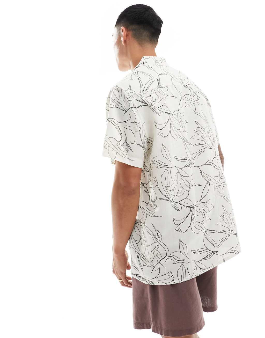 ASOS DESIGN relaxed revere beachy shirt in line drawn lily print in ecru  Product Image