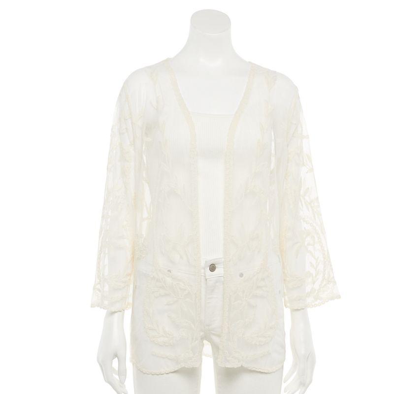 Women's Nina Leonard Floral Embroidered Mesh Long Bolero, Size: XL, White Product Image