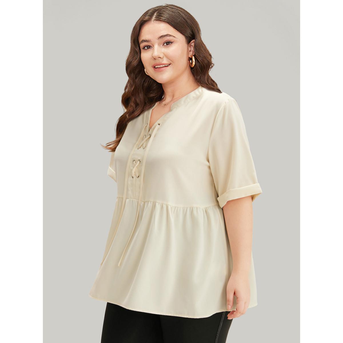 Plus Size Ivory Anti-Wrinkle Lace Up Notched Gathered Blouse Women Office Half Sleeve Tie Neck Work Blouses BloomChic 28/5X Product Image