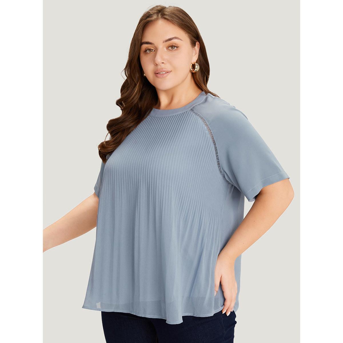 Plus Size Stone Solid Pleated Raglan Sleeve Patchwork Blouse Women Elegant Short sleeve Round Neck Dailywear Blouses BloomChic 22-24/3X Product Image