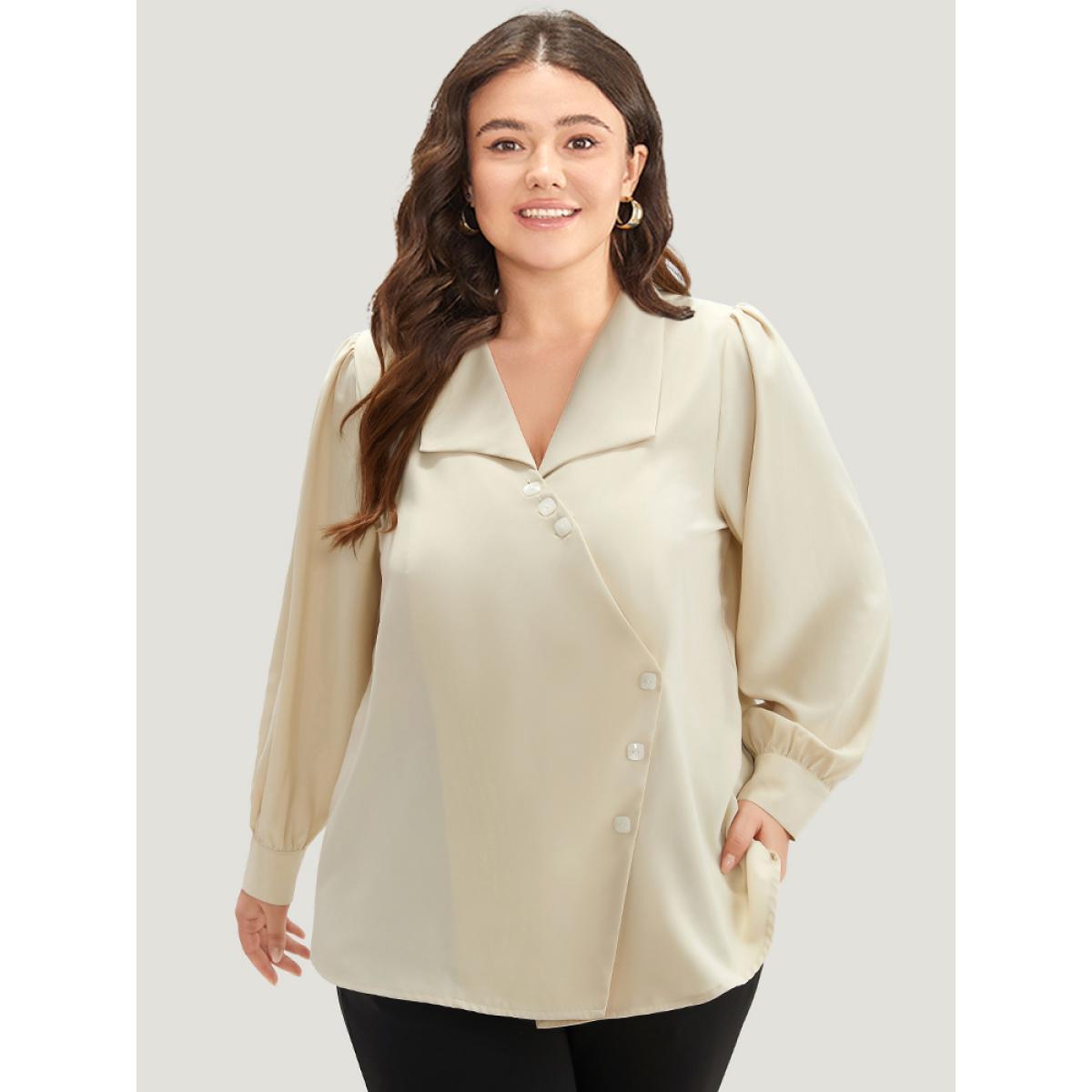 Plus Size Apricot Lapel Collar Asymmetrical Button Up Blouse Women Office Long Sleeve Lapel Collar Work Blouses BloomChic 28/5X Product Image