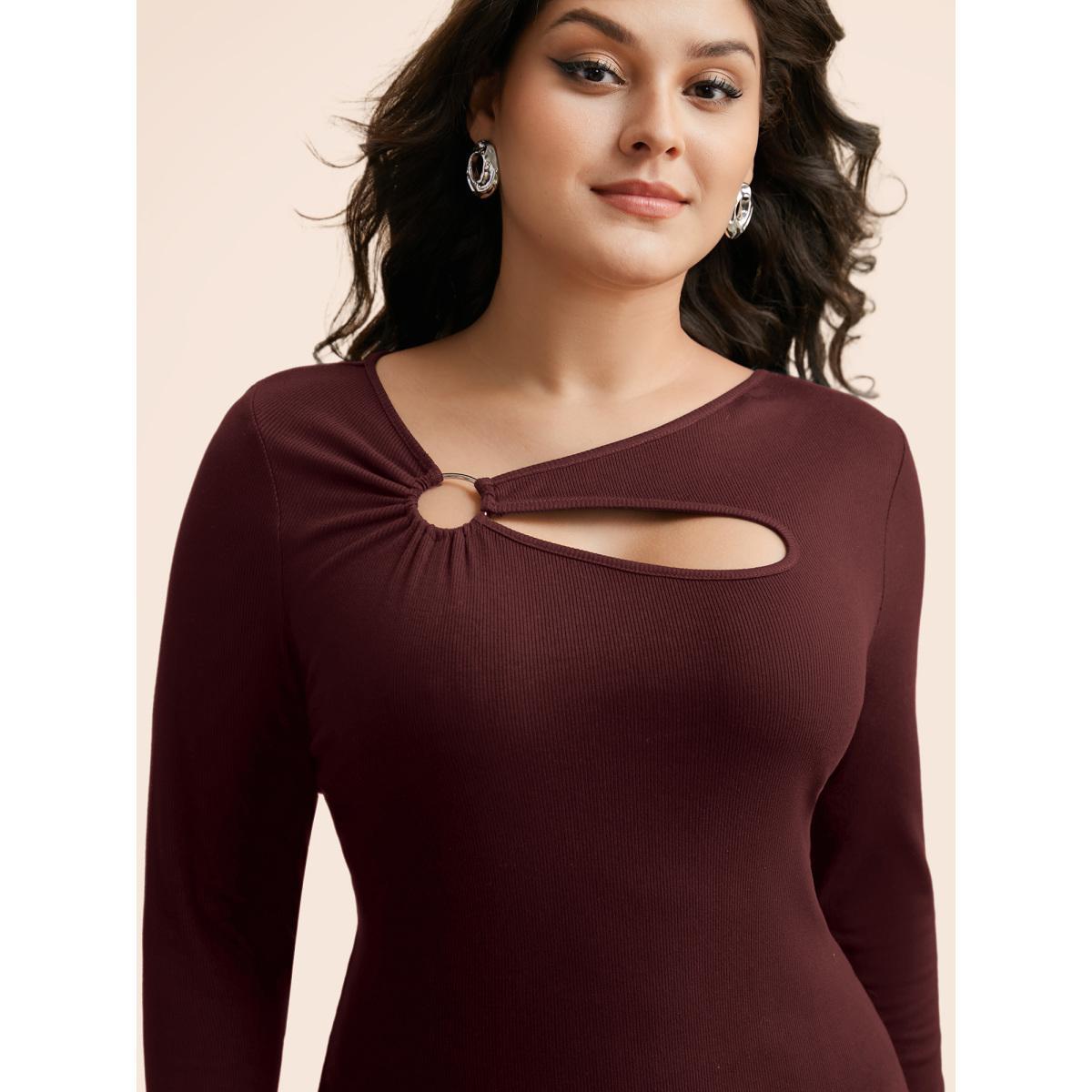 Plus Size Rib Knit Asymmetrical Neck Cut Out T-shirt Burgundy Women Elegant Texture Asymmetrical Neck Skinny Everyday T-shirts BloomChic 22-24/3X Product Image
