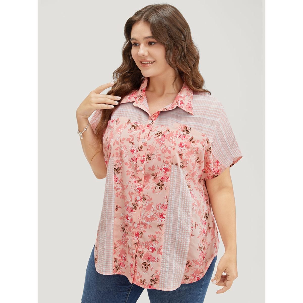 Plus Size MistyRose Floral Patchwork Pocket Button Up Arc Hem Blouse Women Elegant Short sleeve Shirt collar Dailywear Blouses BloomChic 12/L Product Image