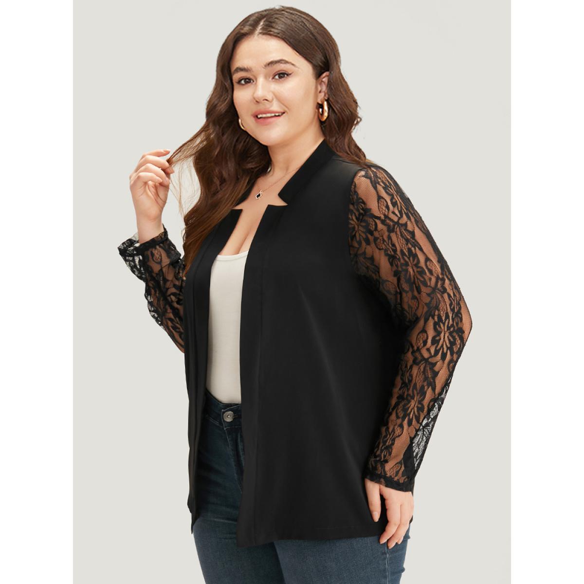 Plus Size Halloween Solid Open Front Guipure Lace Blazer Black Women Dailywear Plain Plain Sleeve Long Sleeve Open Front 28/5X Casual Blazers BloomChic Product Image