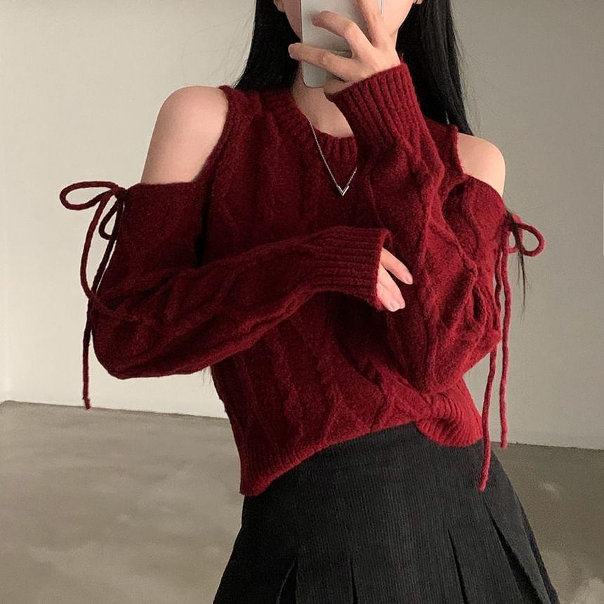 Cold-Shoulder Long-Sleeve Plain Bow Sweater Product Image