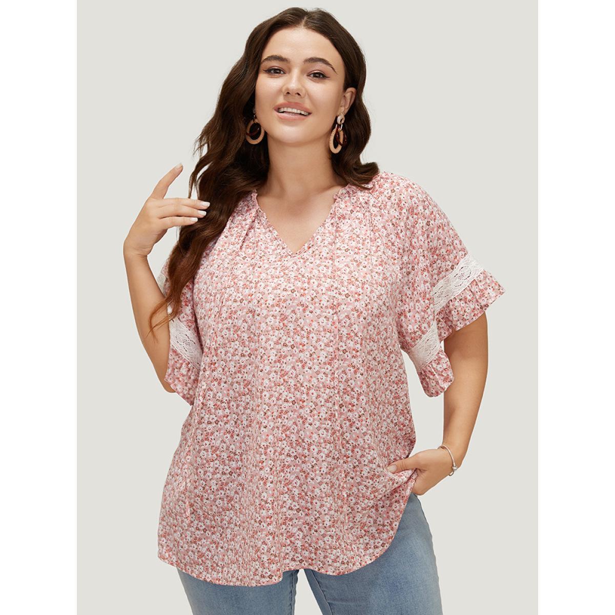 Plus Size Crepe Ditsy Floral Frill Trim Lace Ruffle Sleeve Tie Neck Blouse Women Elegant Short sleeve Tie Neck Dailywear Blouses BloomChic 12/L Product Image