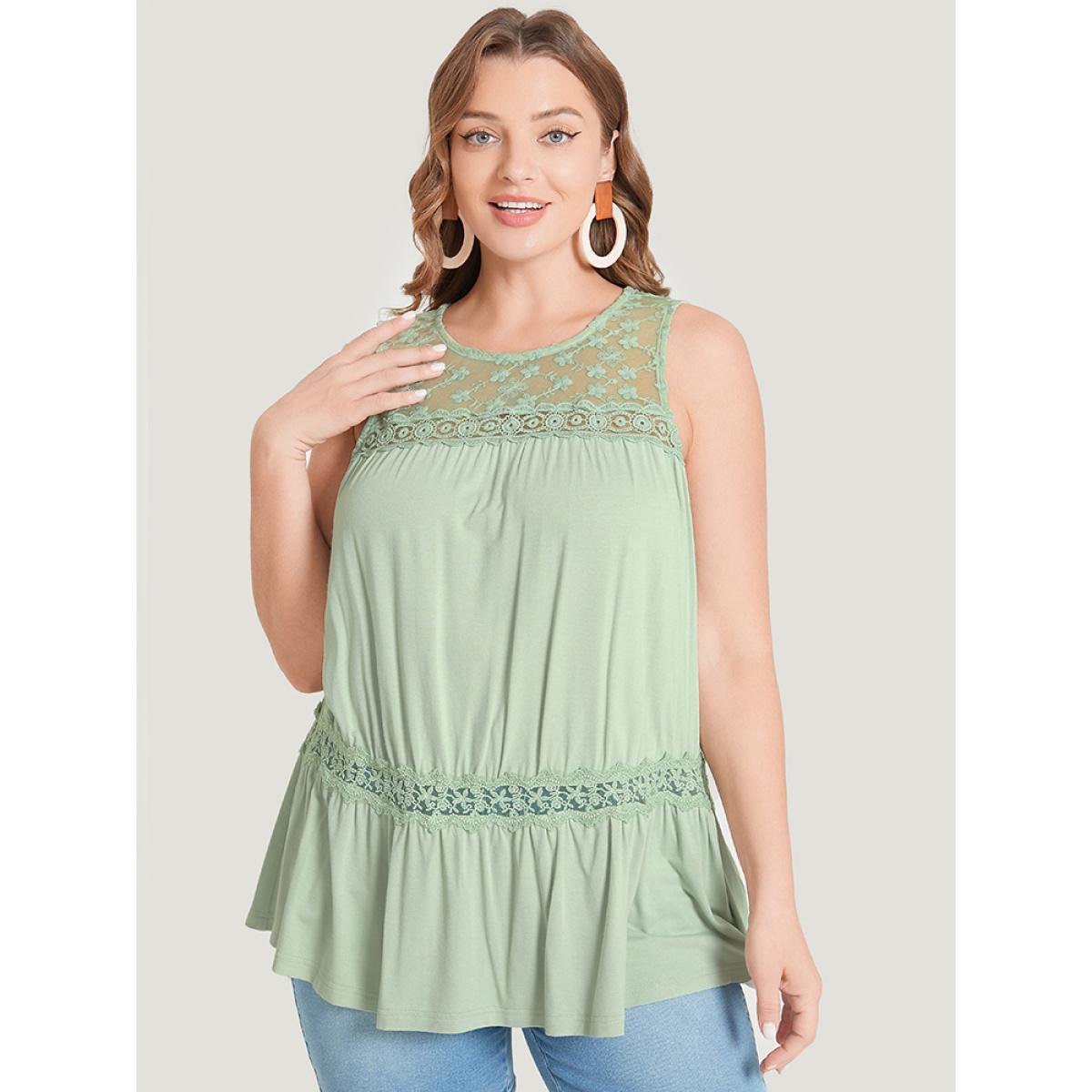 Plus Size Plain Contrast Lace Mesh Ruffle Hem Tank Top Women LightGreen Elegant Dailywear Tank Tops Camis BloomChic 14-16/1X Product Image