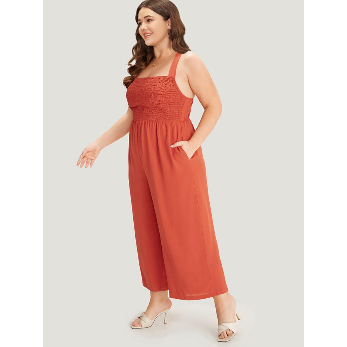 Plus Size Rust plain Gathered Shirred Pocket Cami Jumpsuit Women Elegant Sleeveless Spaghetti Strap Dailywear Loose Jumpsuits BloomChic 10/M Product Image