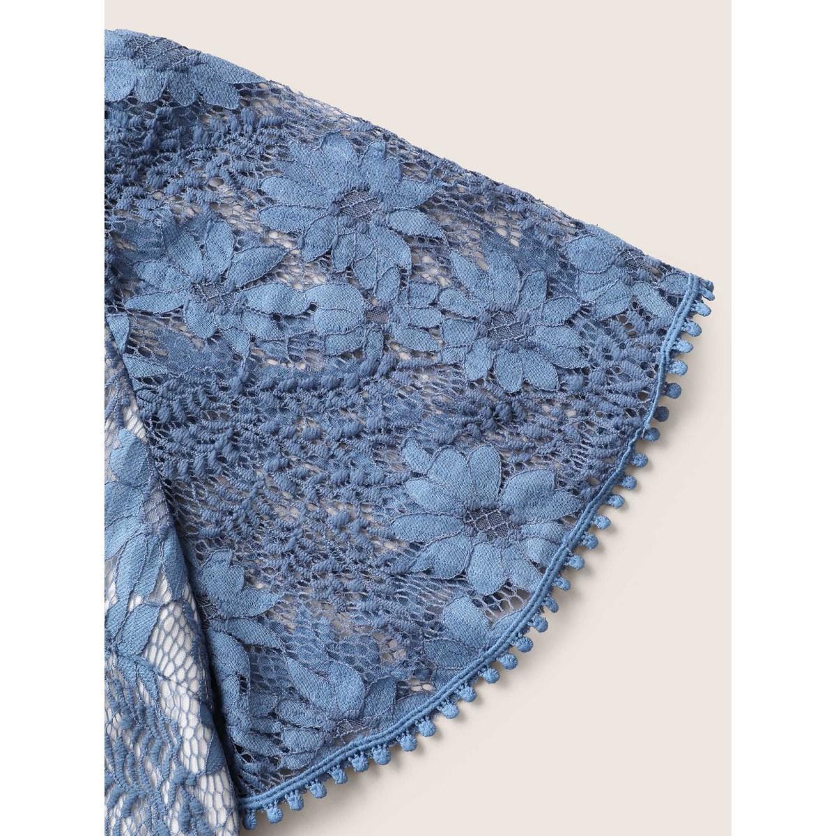 Plus Size DarkBlue Floral Crochet Lace Mesh Pompom Trim Blouse Women Elegant Short sleeve Overlap Collar Everyday Blouses BloomChic 28/5X Product Image