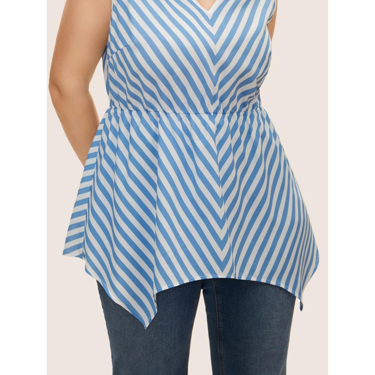 Plus Size Striped Elastic Waist Hanky Hem Tank Top Women LightBlue Casual Contrast V-neck Everyday Tank Tops Camis BloomChic 12/L Product Image