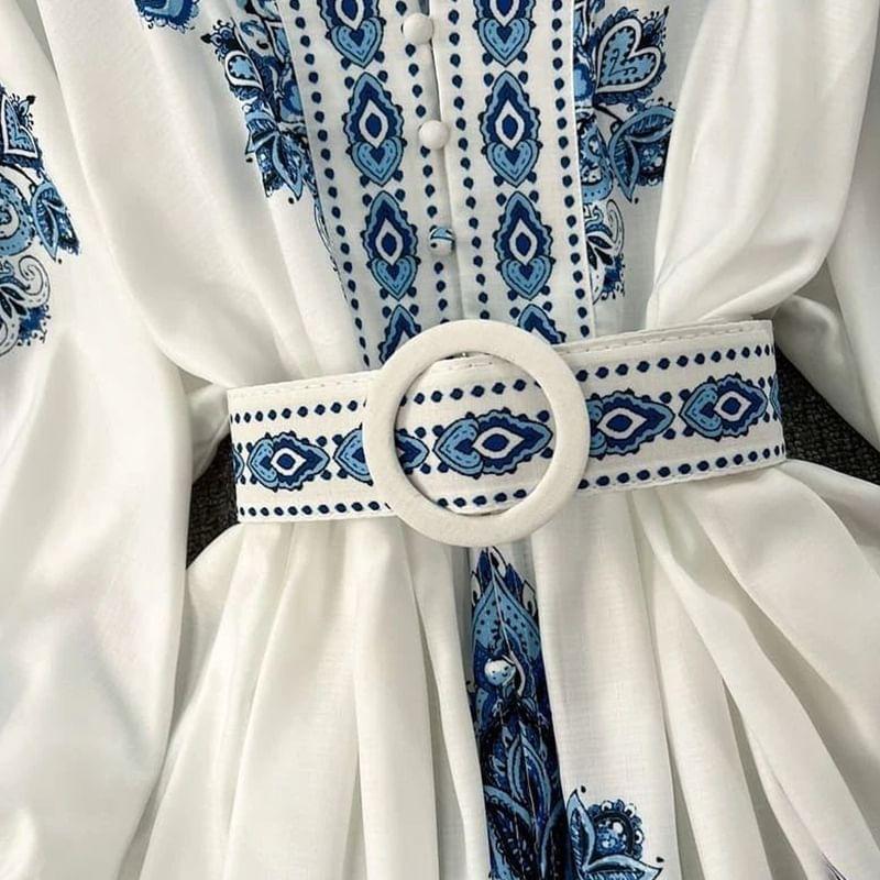 Puff-Sleeve V-Neck Print A-Line Tunic Dress Product Image