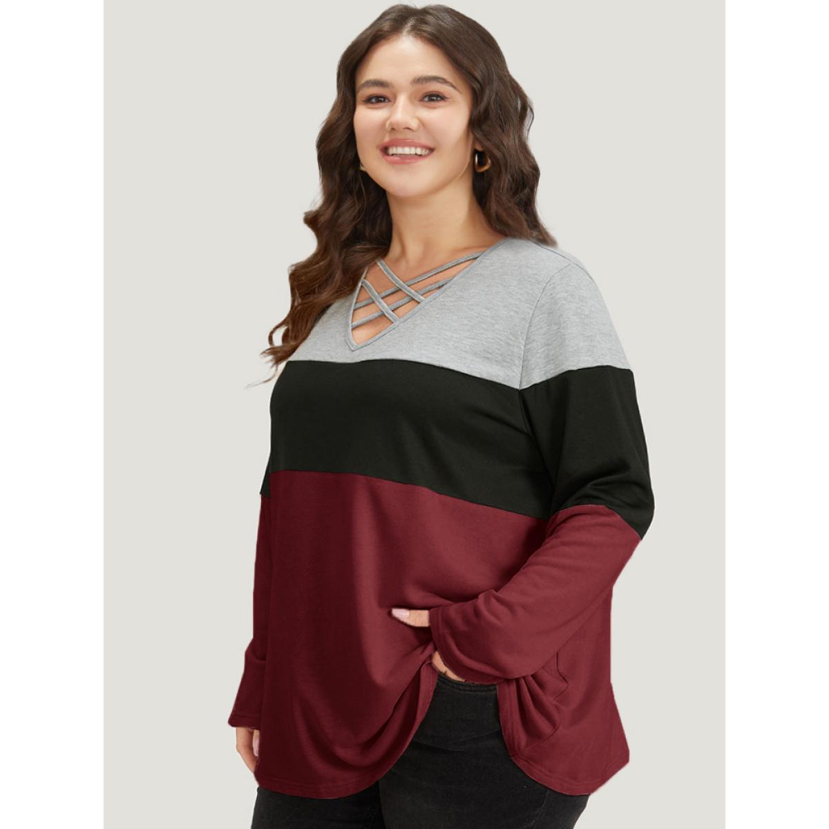 Plus Size Colorblock Contrast Crisscross V Neck Sweatshirt Women Burgundy Casual Contrast V-neck Everyday Sweatshirts BloomChic 10/M Product Image