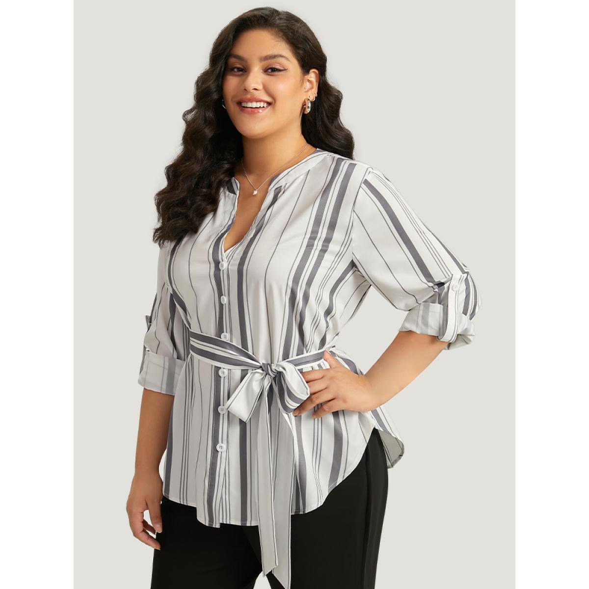 Plus Size Ivory Striped Arc Hem Belted Roll Tab Sleeve Blouse Women Office Long Sleeve V-neck Work Blouses BloomChic 14-16/1X Product Image