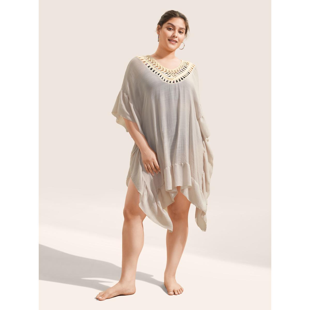 Plus Size Woven Neck Ruffles Hanky Hem Swim Cover Up Women's Swimwear MistyRose Beach Loose Crochet Curve Swim Cover Ups BloomChic 18-20/2X Product Image