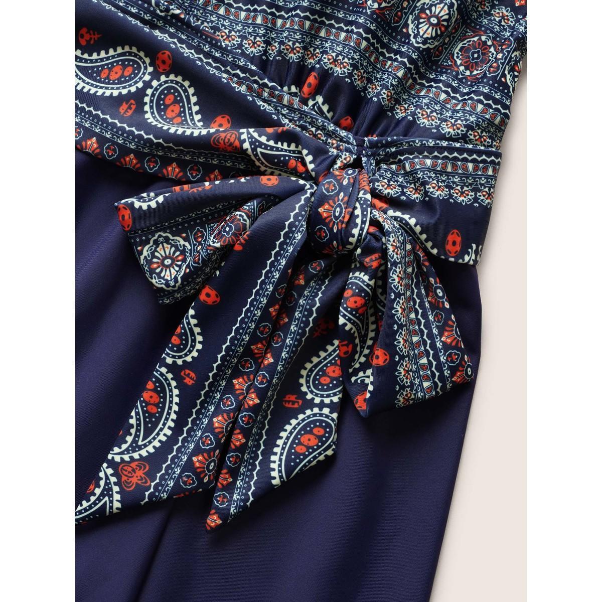 Plus Size Bandana Print Ties Knotted Patchwork Swim Dress Women's Swimwear Indigo Beach Bodycon Deep V-neck High stretch Curve Swim Dresses BloomChic 26/4X Product Image