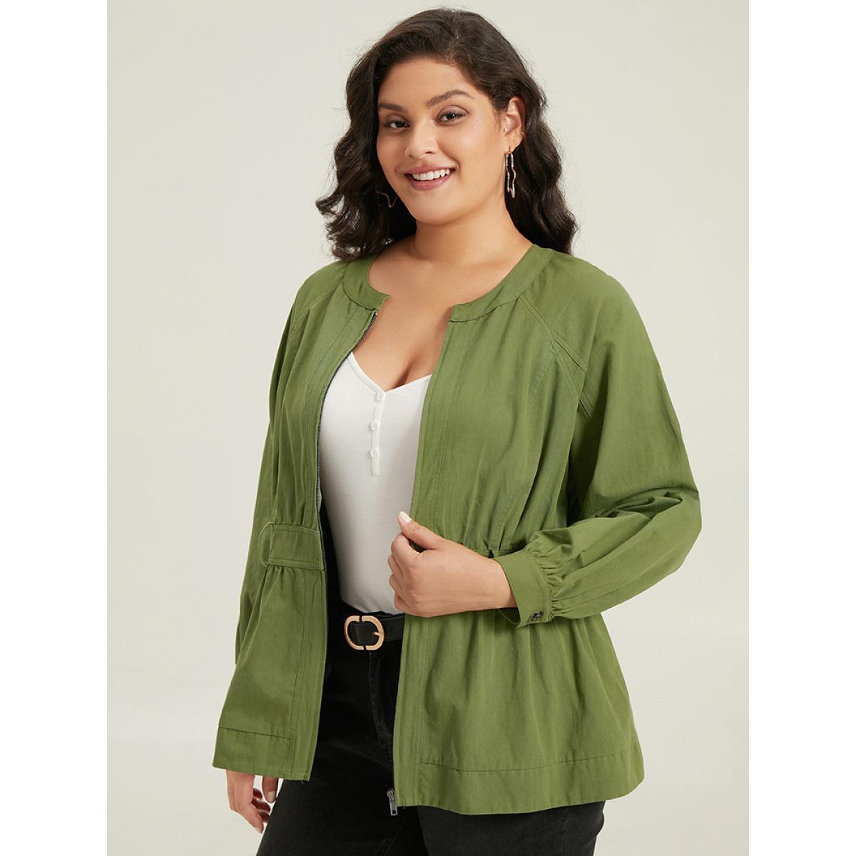 Plus Size Solid Gathered Detail Belted Zipper Fly Coat Women Moss Casual Gathered Ladies Dailywear Winter Coats BloomChic 14-16/1X Product Image