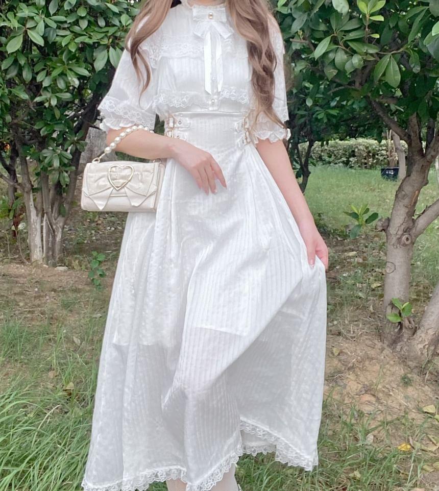 Short-Sleeve Bow Buckled Lace Trim Midi A-Line Dress Product Image