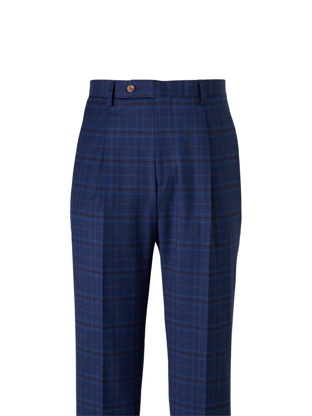 Wool Stretch Plaid Single Pleat Suit Pants - Blue Product Image