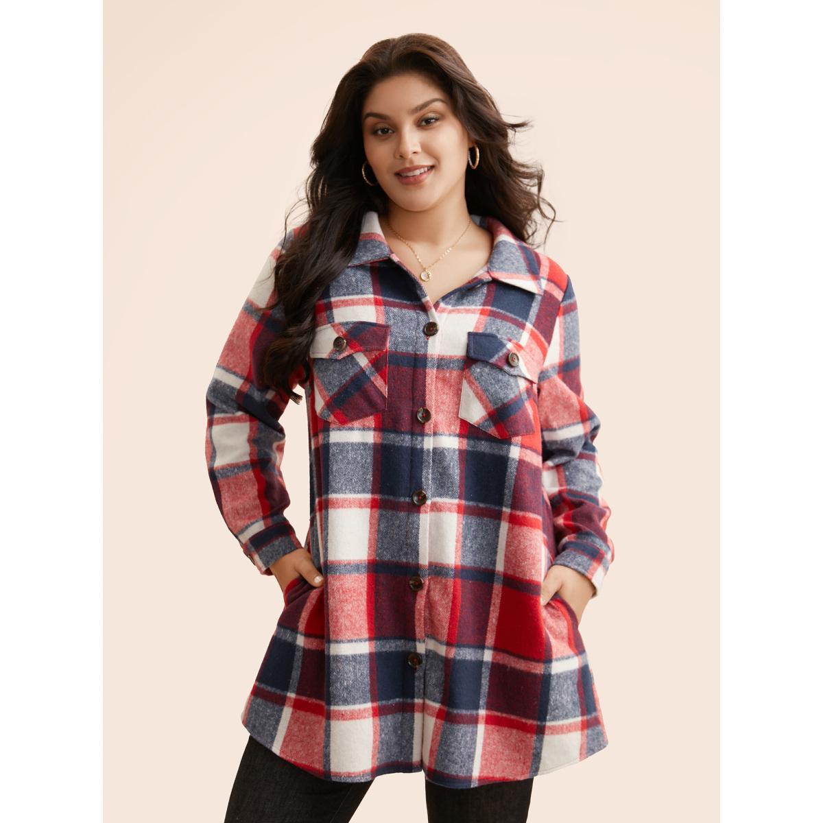 Plus Size Plaid Chest Pockets Long Jacket Women Crimson Button Loose Side seam pocket Everyday Jackets BloomChic 18-20/2X Product Image