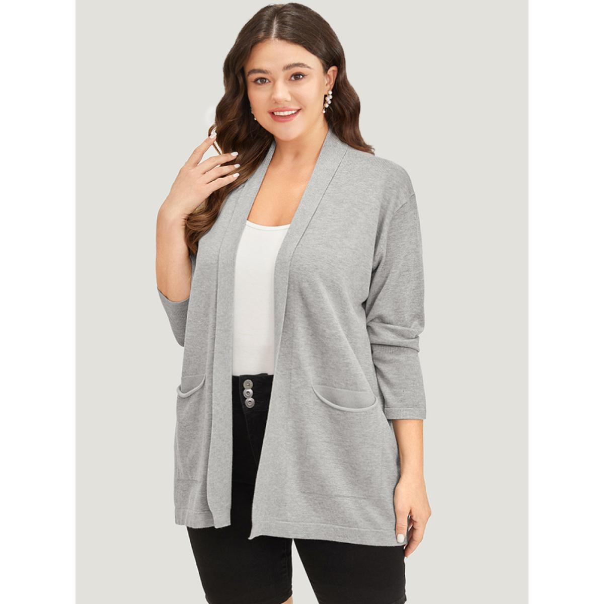 Plus Size Supersoft Essentials Plain Lapel Collar Patched Pocket Cardigan DarkGray Women Basics Loose Long Sleeve Everyday Cardigans BloomChic 30/6X Product Image