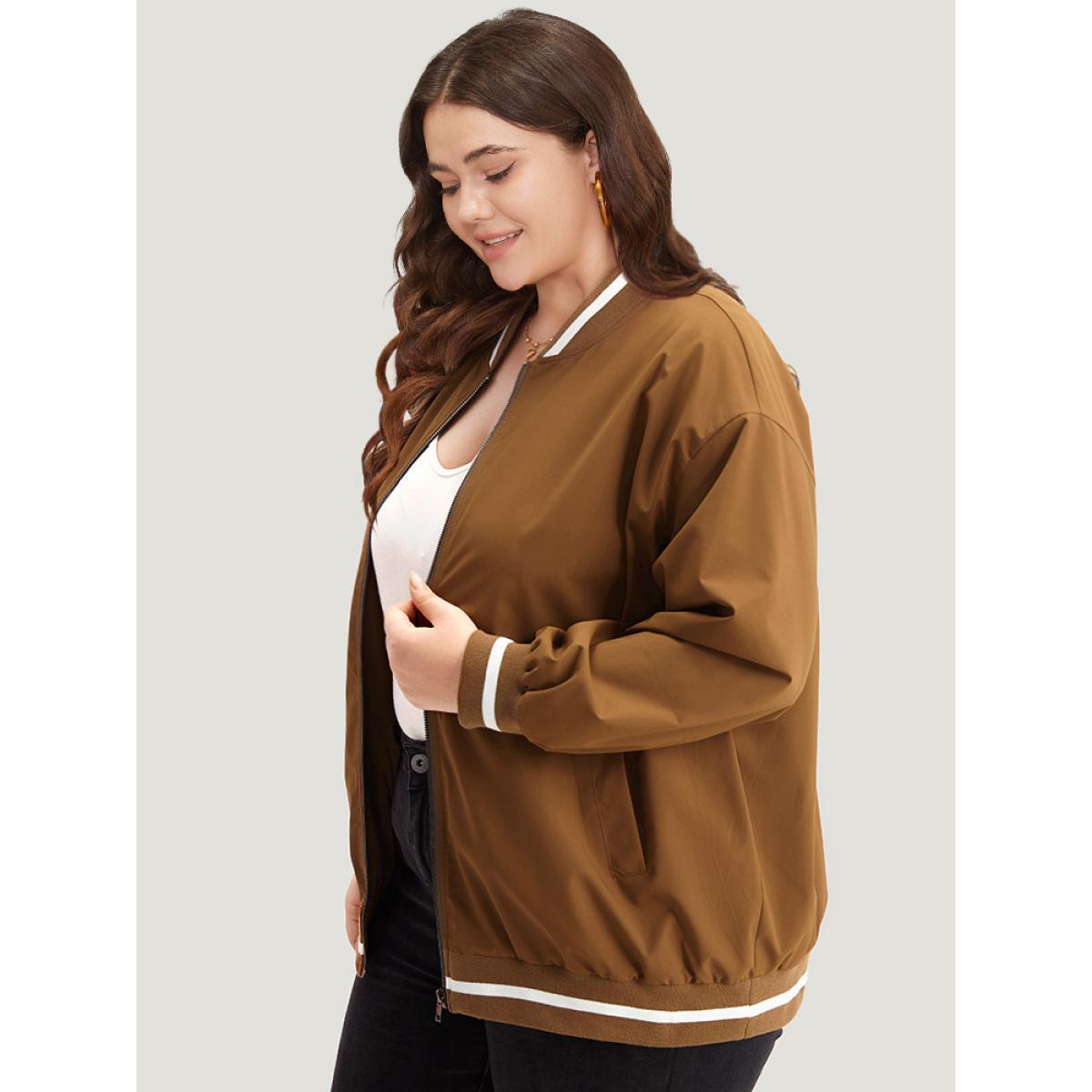 Plus Size Letter Embroidered Pocket Baseball Collar Jacket Women DarkBrown Rib Knit Pocket Dailywear Jackets BloomChic 10/M Product Image