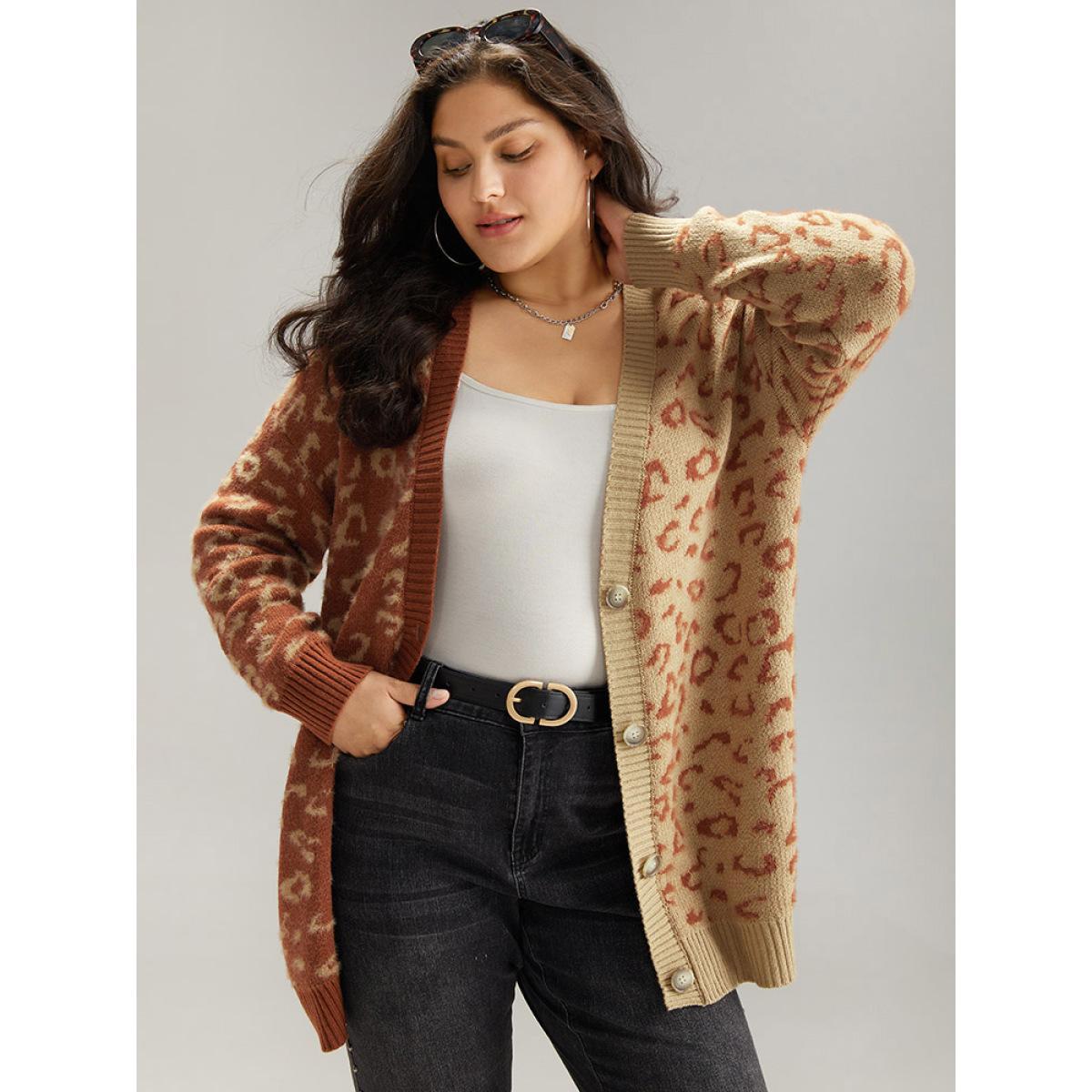 Plus Size Leopard Print Contrast Button Through Cardigan Leopard Women Casual Loose Long Sleeve Dailywear Cardigans BloomChic 30/6X Product Image