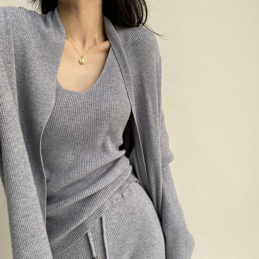 Set: Sleeveless V-Neck Plain Knit Top + Long Cardigan + Drawstring Waist Plain Wide Leg Pants Product Image