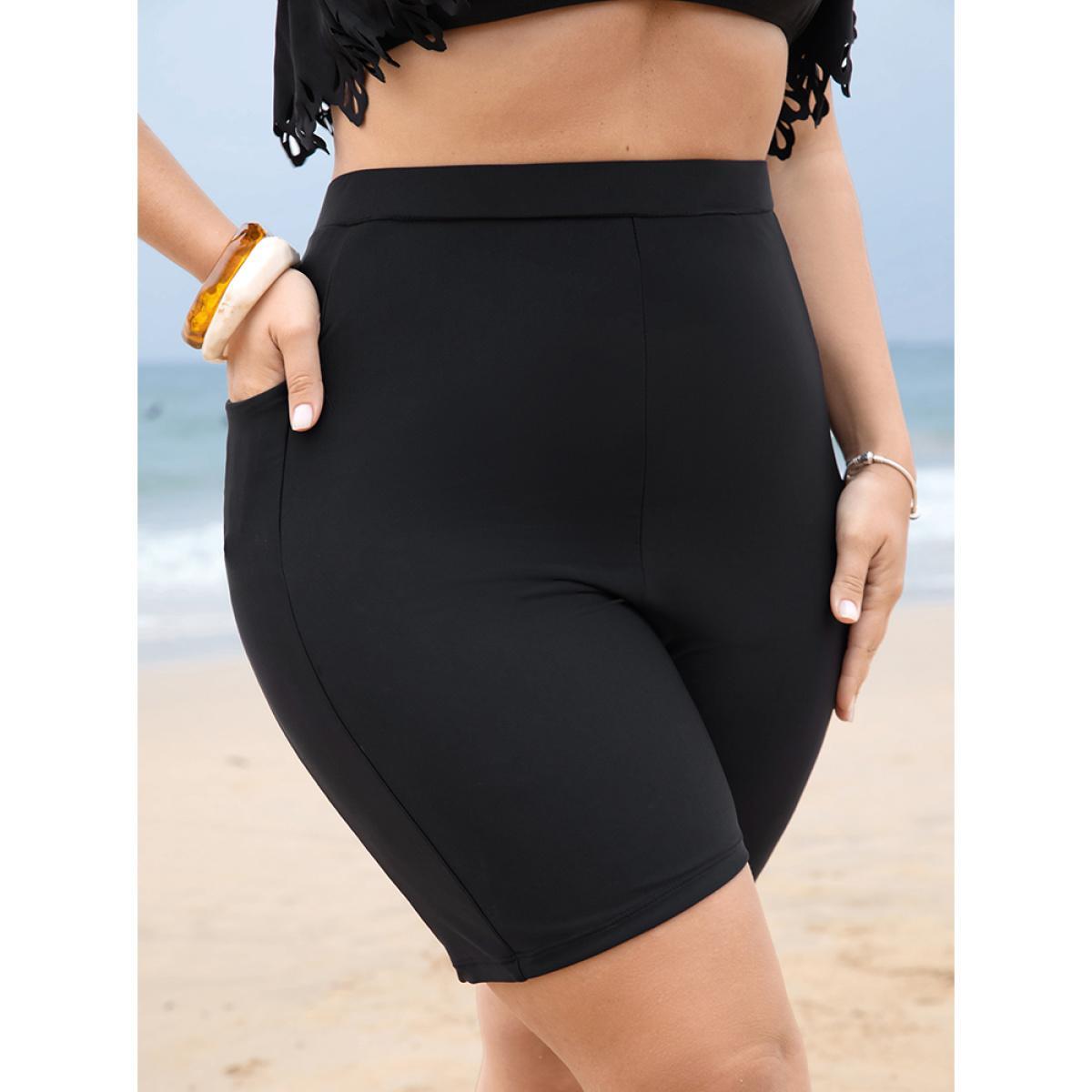 Plus Size High Waist Pocket Side Swim Shorts Women's Swimwear Black Beach Plain High stretch Skinny High Rise Curve Swim Bottoms BloomChic 12/L Product Image