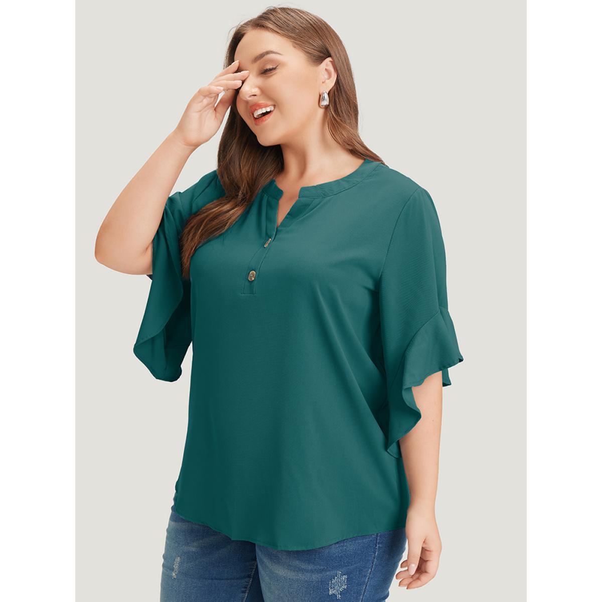Plus Size Cyan Anti-Wrinkle Plain Notched Flutter Sleeve Button Up Blouse Women Office Short sleeve Notched collar Work Blouses BloomChic 18-20/2X Product Image
