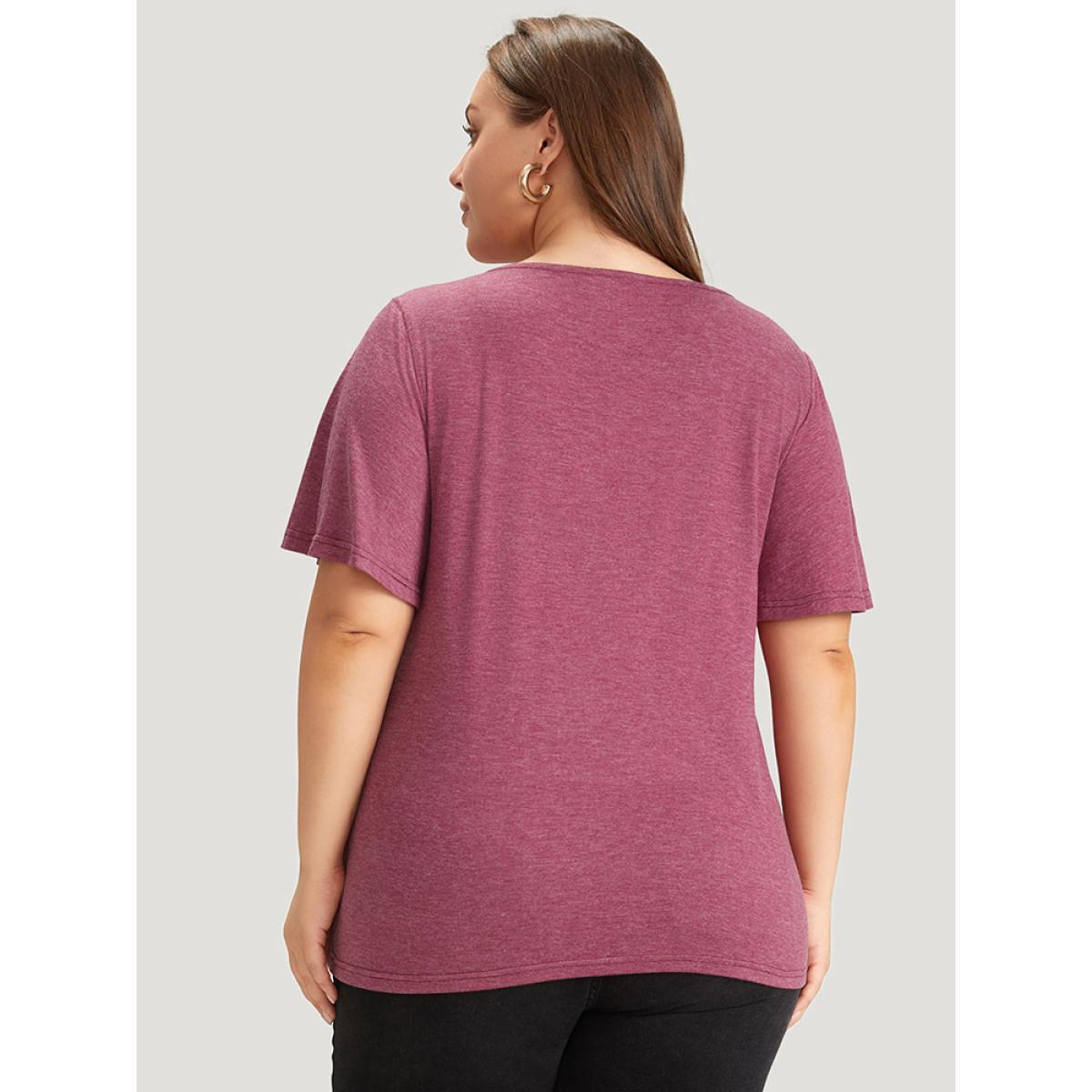 Plus Size Plain Keyhole Pearl Beaded Flutter Sleeve T-shirt RedViolet Women Elegant Cut-Out Plain Round Neck Dailywear T-shirts BloomChic 18-20/2X Product Image