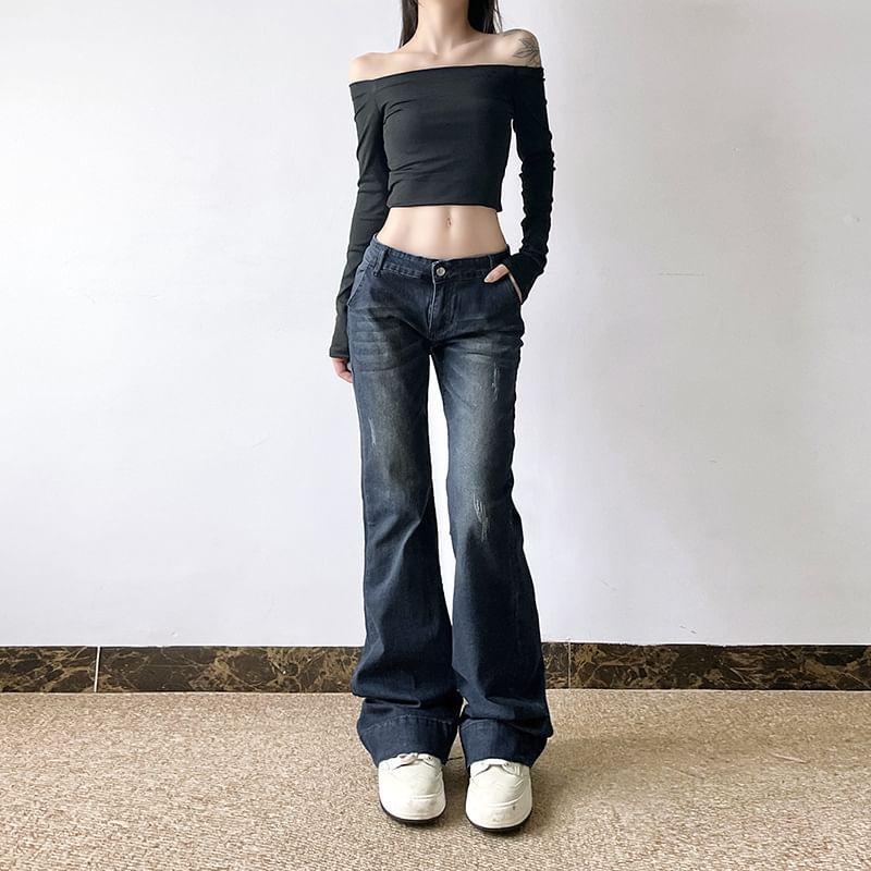 Low Waist Distressed Washed Bootcut Jeans Product Image