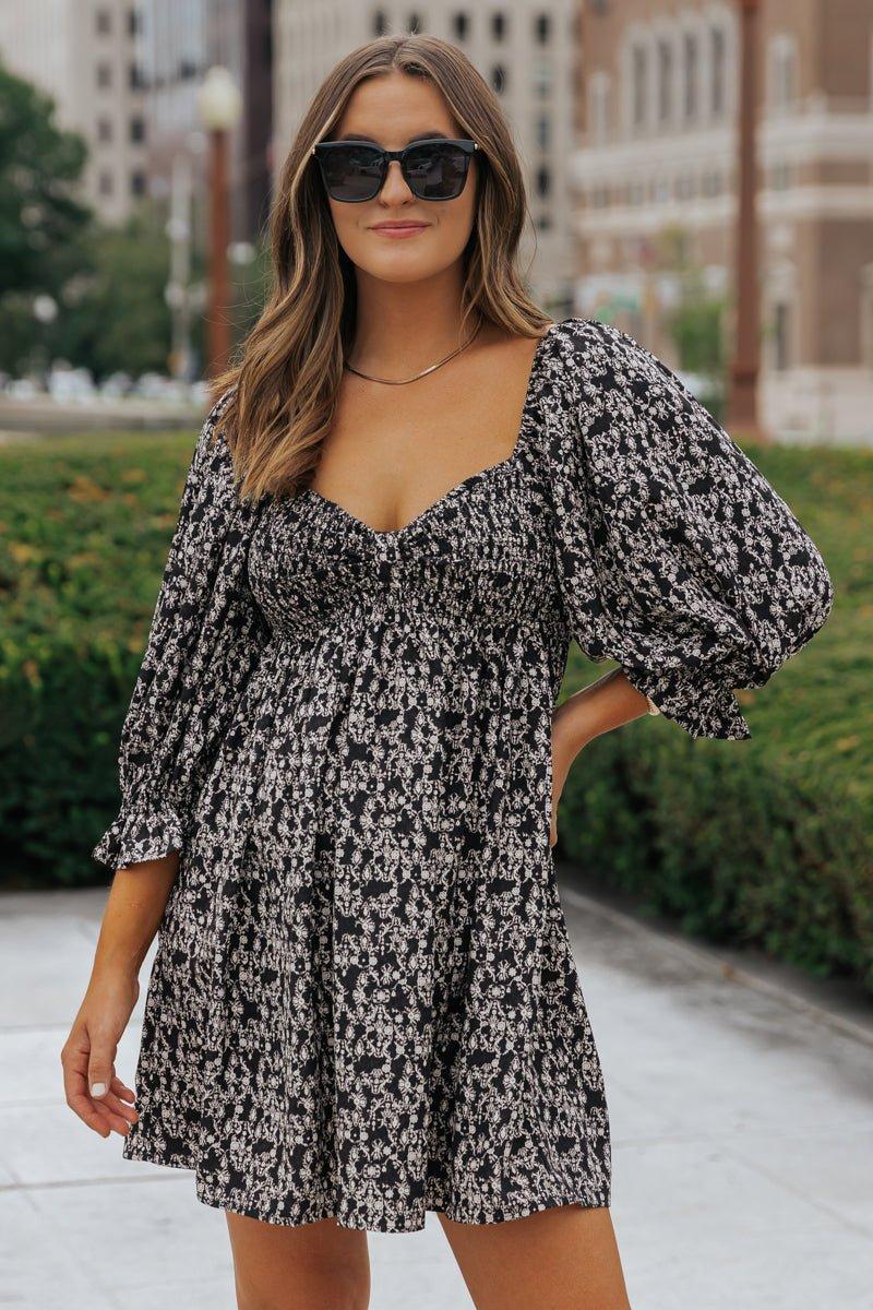 Black Floral Print Sweetheart Mini Dress - FINAL SALE Product Image