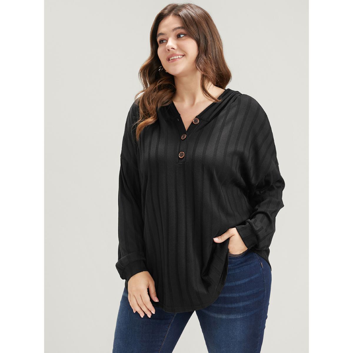 Plus Size Solid Button Rib Knit Arc Hem Hooded Sweatshirt Women Black Elegant Arc Hem Hooded Dailywear Sweatshirts BloomChic 18-20/2X Product Image